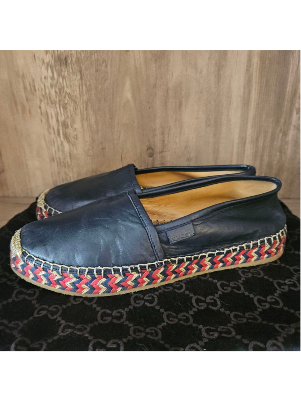Gucci Pilar Leather Espadrilles Navy Blue Red Gold Woven Womens 37.5